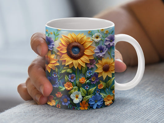 Colorful Sunflower and Wildflowers Coffee Mug, Vibrant Floral Print Ceramic Cup, Ideal Gift