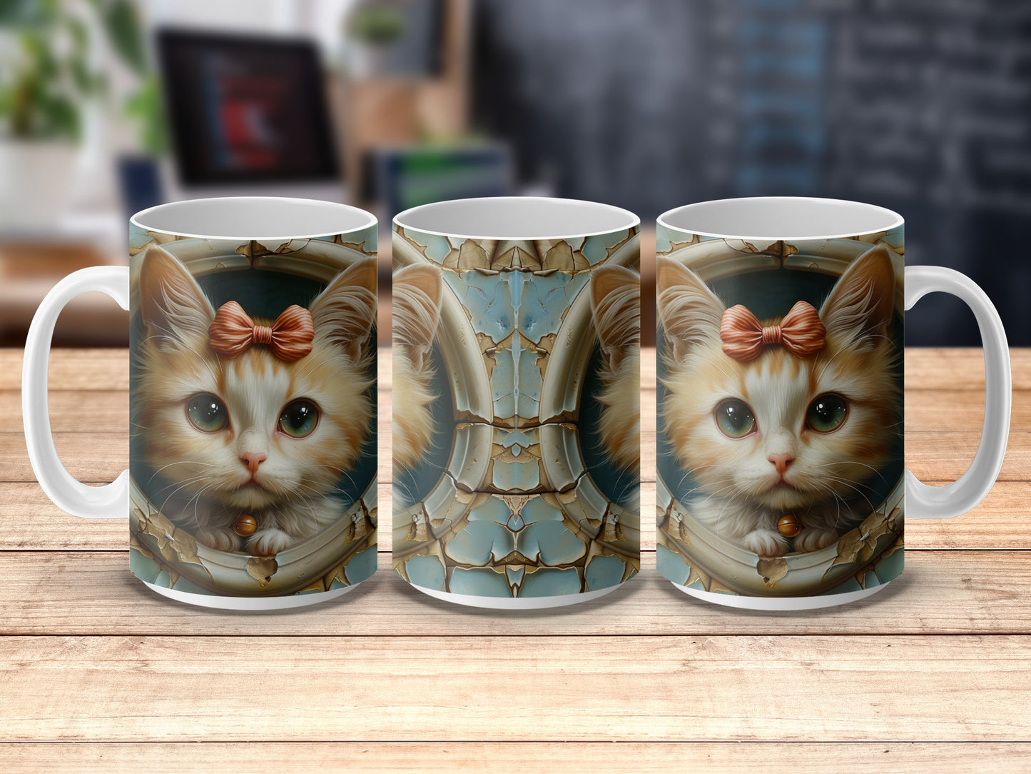 Cute Cat Mug with Bow, Steampunk Design Coffee Cup, Unique Kitten Lover Gift, Vintage Style Tea Mug