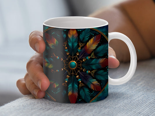 Colorful Feather Design Coffee Mug, Unique Boho Style Ceramic Cup, Gift Idea