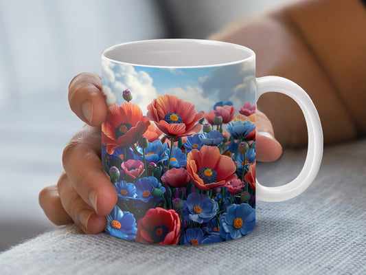 Colorful Floral Coffee Mug, Spring Daisy and Poppy Flowers Print, Bright Kitchen Decor, Unique Gift for Garden Lovers