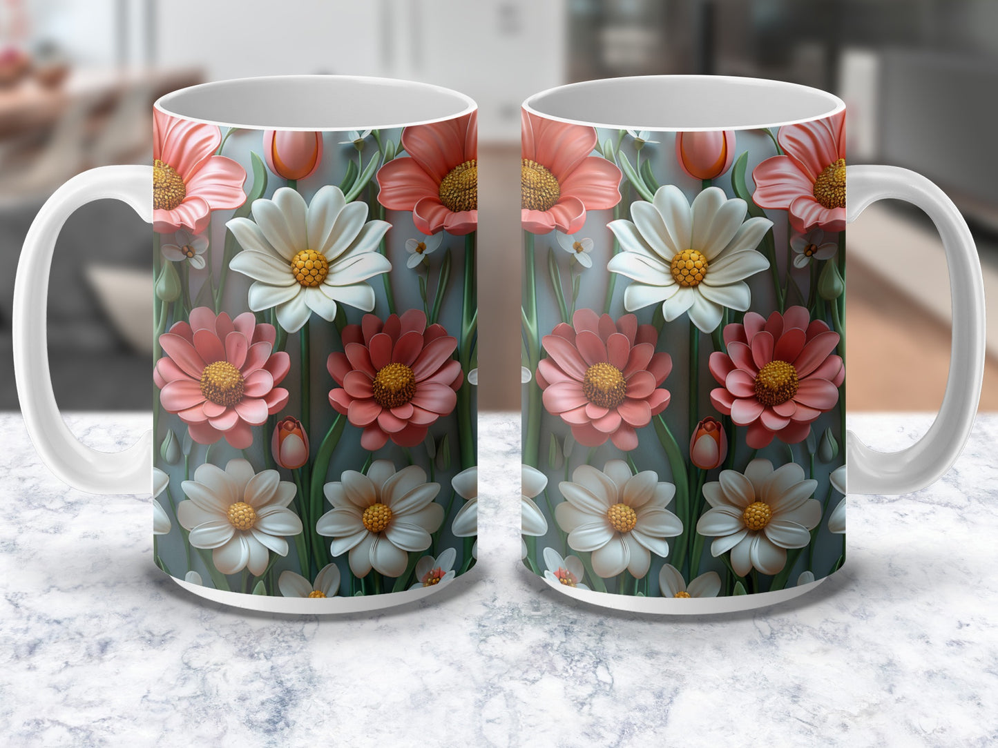 Colorful Floral Coffee Mugs, Spring Daisy Print, Ceramic Tea Cups, Unique Gift Idea, Twin Set