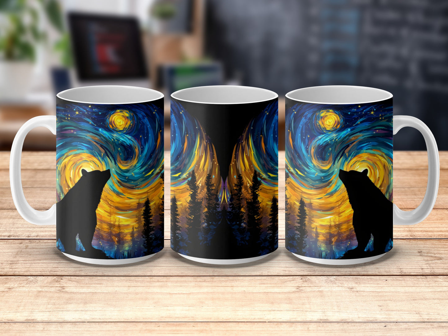 Van Gogh Inspired Starry Night Ceramic Coffee Mugs with Wolf Silhouette Set