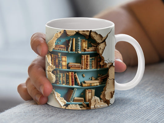 Unique Bookshelf Design Coffee Mug, Vintage Library Themed Ceramic Cup, Gift for Readers and Book Lovers