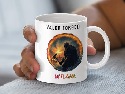 Fantasy Warrior Coffee Mug, Valor Forged in Flame, Epic Battle Scene, Novelty Gift Mug, Fantasy Art Drinkware