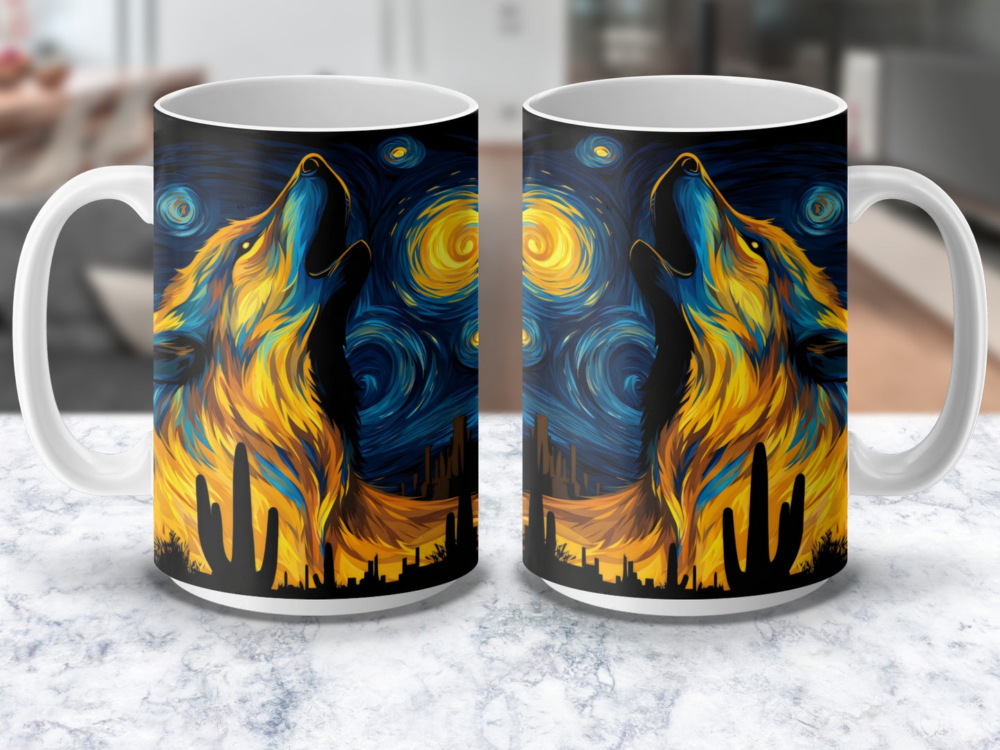 Starry Night Wolf Coffee Mug, Van Gogh Inspired Artistic Animal Cup, Unique Gift Idea