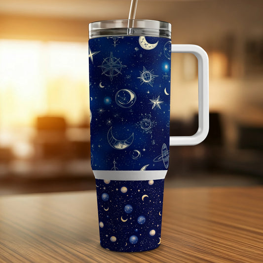 Celestial Travel Mug, Space Themed Insulated Coffee Cup, Moon and Stars, Blue and White Ceramic Tumbler