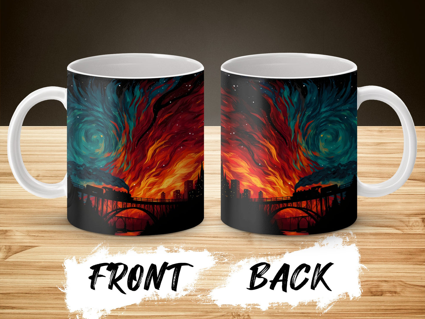 Colorful Swirling Sky Coffee Mug, Artistic Whirlwind Design, Urban Silhouette, Unique Gift Idea