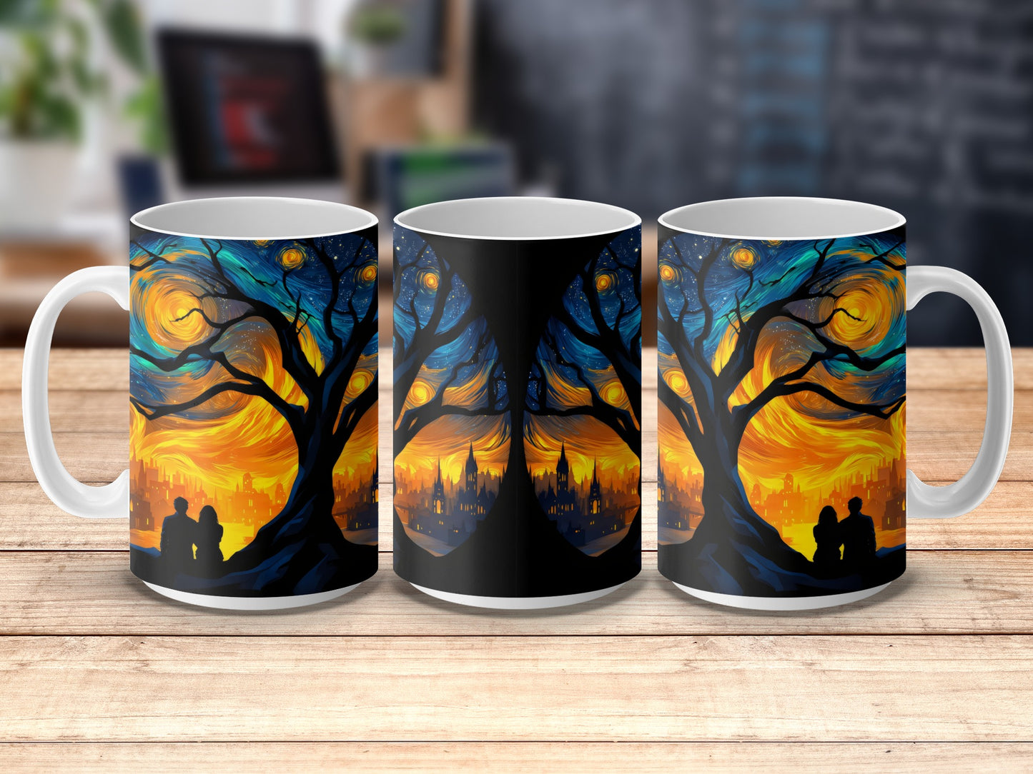 Van Gogh Inspired Starry Night Artistic Coffee Mug, Romantic Skyline Silhouette Ceramic Cup