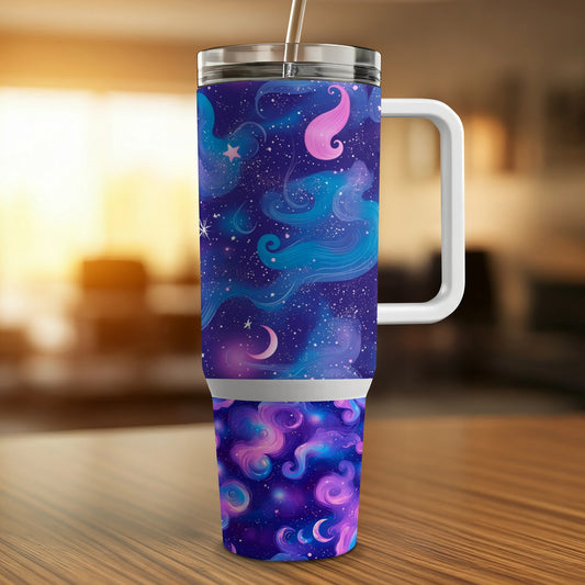 Galaxy Print Insulated Tumbler, Purple Space Design Travel Mug, Stainless Steel Drinkware, Starry Night Sky Cup