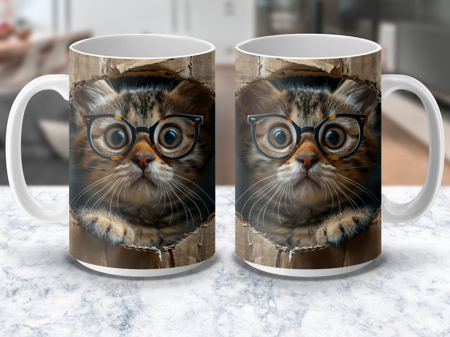 Cute Cat Coffee Mug with Glasses, Funny Kitten Face Tea Cup, Gift for Cat Lovers, Unique Office Mug, Animal Print Ceramic Cup