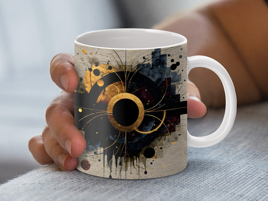 Abstract Art Coffee Mug, Modern Design Ceramic Mug, Unique Black and Gold Office Cup