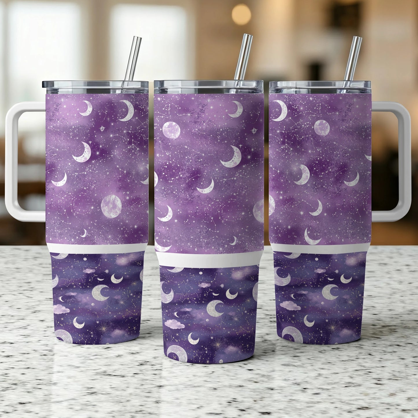 Galaxy Print Tumbler Cups, Stainless Steel Insulated, With Straws, Purple Space Theme, Set of 3
