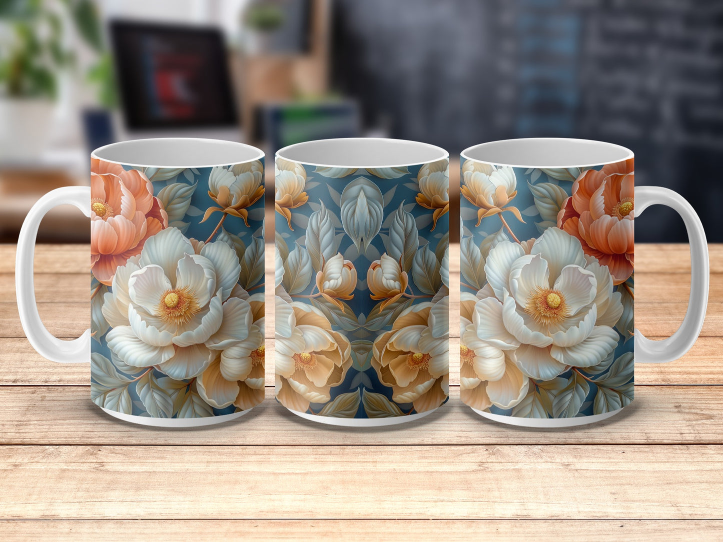 Floral Pattern Coffee Mugs, Elegant Blue and Peach Flower Design, Ceramic Tea Cups Set of 3, Gift Idea