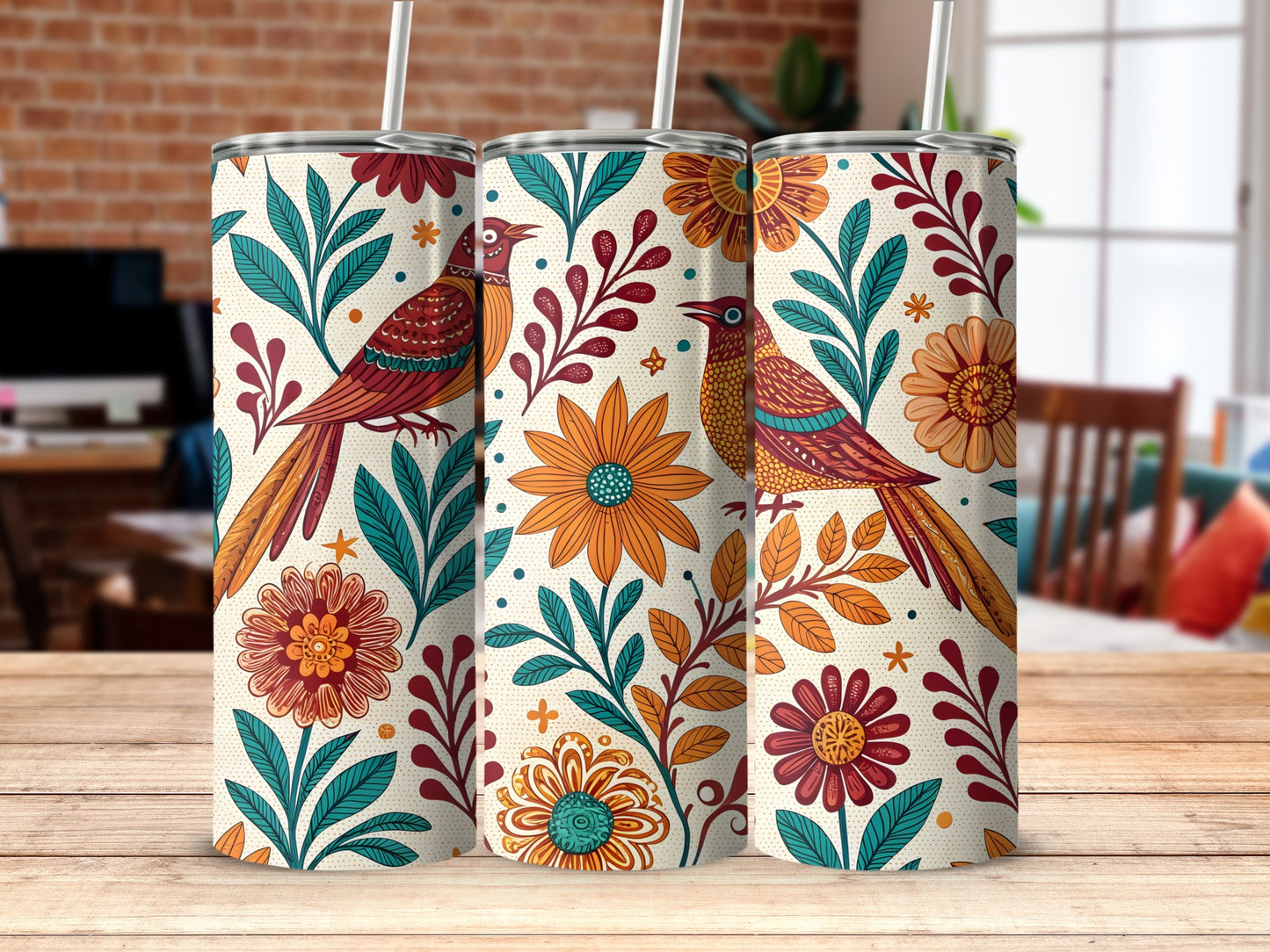 Colorful Floral and Bird Design Insulated Tumbler product type