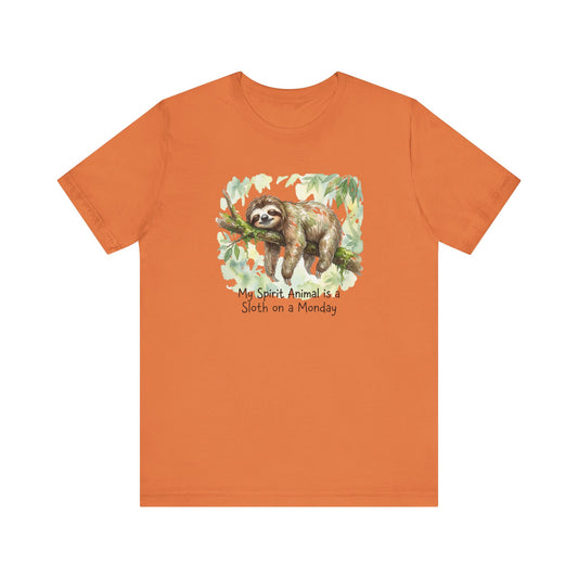 Sloth on a branch graphic with "My Spirit Animal is a Sloth on a Monday" text.