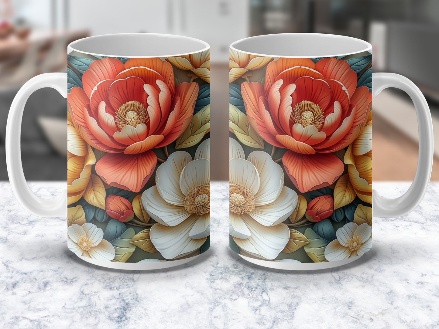 Floral Coffee Mug, Large Red and White Bloom Design, Ceramic Tea Cup, Gift Idea, Kitchen Decor, Office Drinkware, Colorful Flower Art