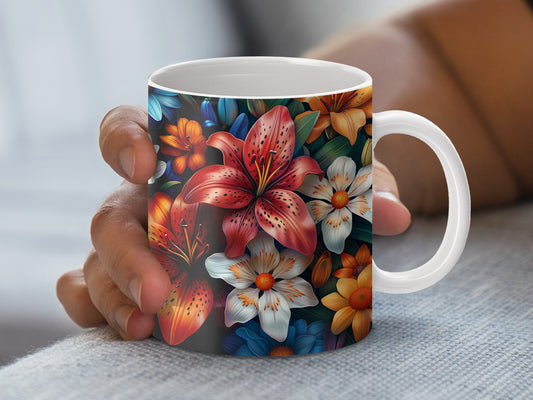 Colorful Floral Coffee Mug, Vibrant Lily and Daisy Design, Ceramic Tea Cup, Perfect Gift for Flower Lovers