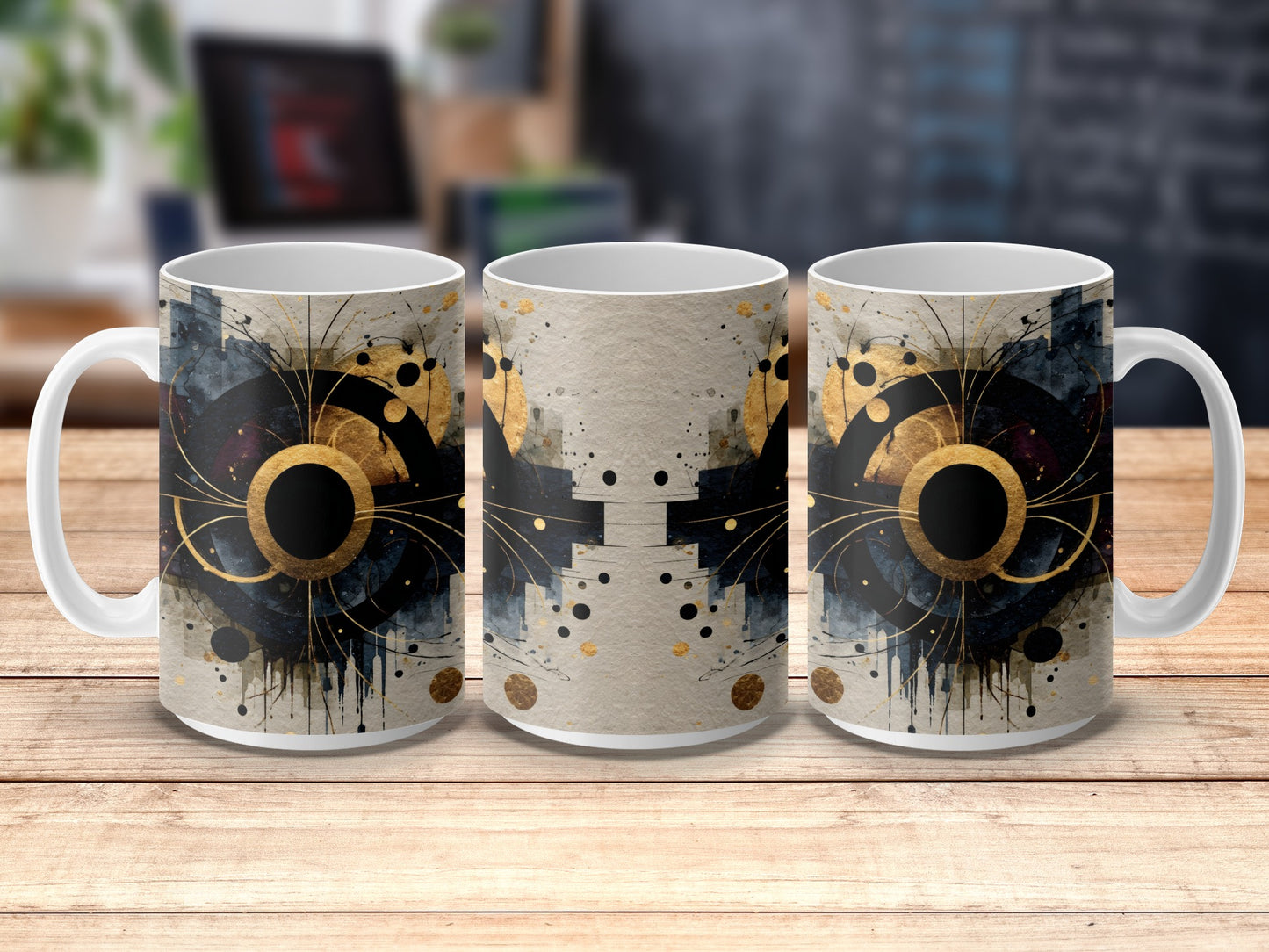 Abstract Art Coffee Mugs, Modern Design Ceramic Cups, Black Gold Decor, Unique Drinkware Set