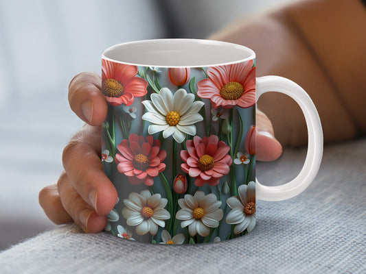 Floral Coffee Mug, Colorful Daisy Print, Ceramic Tea Cup, Gift for Garden Lovers, Unique Flower Pattern, Kitchen Decor