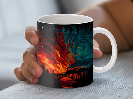 Abstract Art Coffee Mug, Colorful Swirling Fire and Sky Design, Unique Ceramic Cup, Artistic Gift Idea