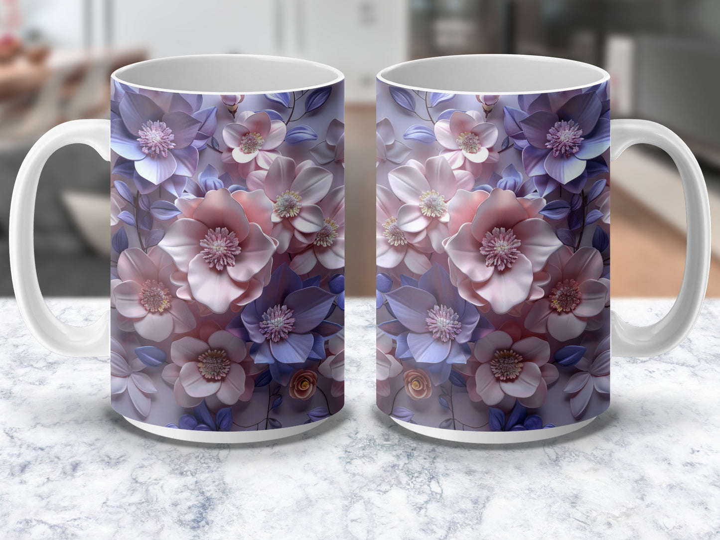 Floral Coffee Mug Set, Purple and Pink Blossom Design, Ceramic Tea Cups, Elegant Drinkware, Gift Idea