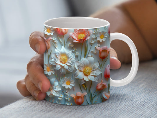 Floral Coffee Mug, Lotus and Daisy Design, Colorful Spring Flowers, Ceramic Tea Cup, Gift Idea