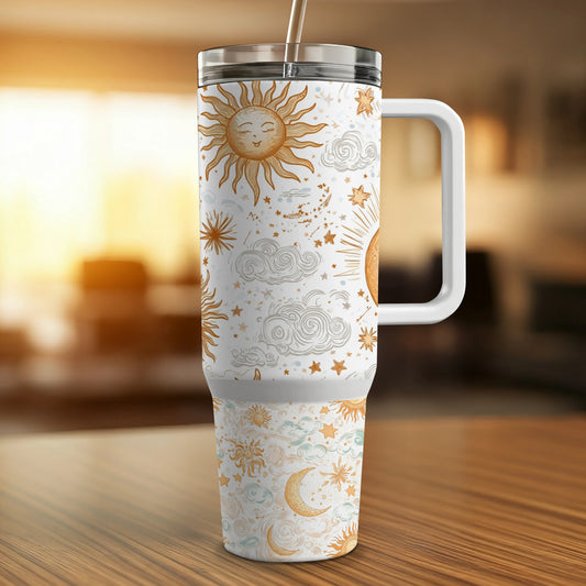 Celestial Tumbler Sun and Moon Design, Insulated Travel Mug, White and Gold, Stainless Steel, 20 oz, Unique Gift Idea