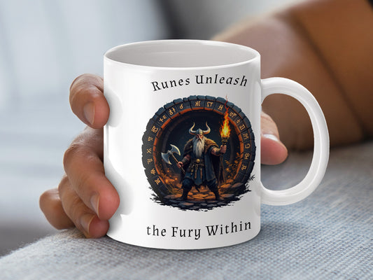 Viking Warrior Coffee Mug, Runes Unleash the Fury Within, Norse Mythology, Fantasy Art Mug for Gift
