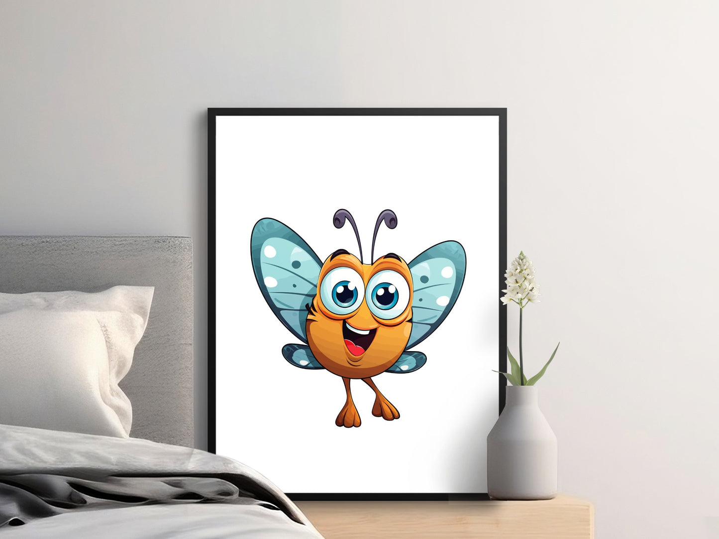 Colorful Butterfly Cartoon Art Print, Kids Room Wall Decor, Playful Insect Illustration, Framed Poster
