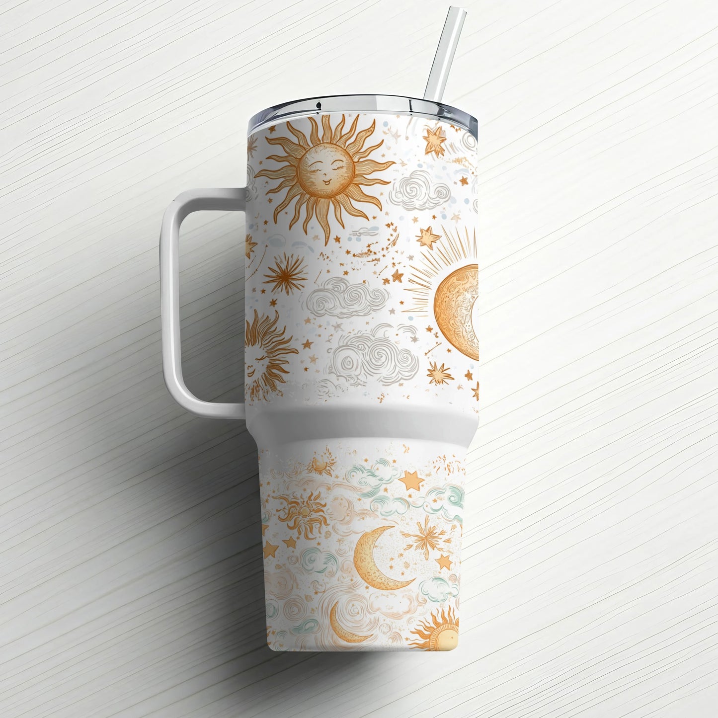 Celestial Sun and Moon Pattern Insulated Tumbler, Stainless Steel Travel Mug, Unique Boho Drinkware, Gift Idea, With Lid and Straw