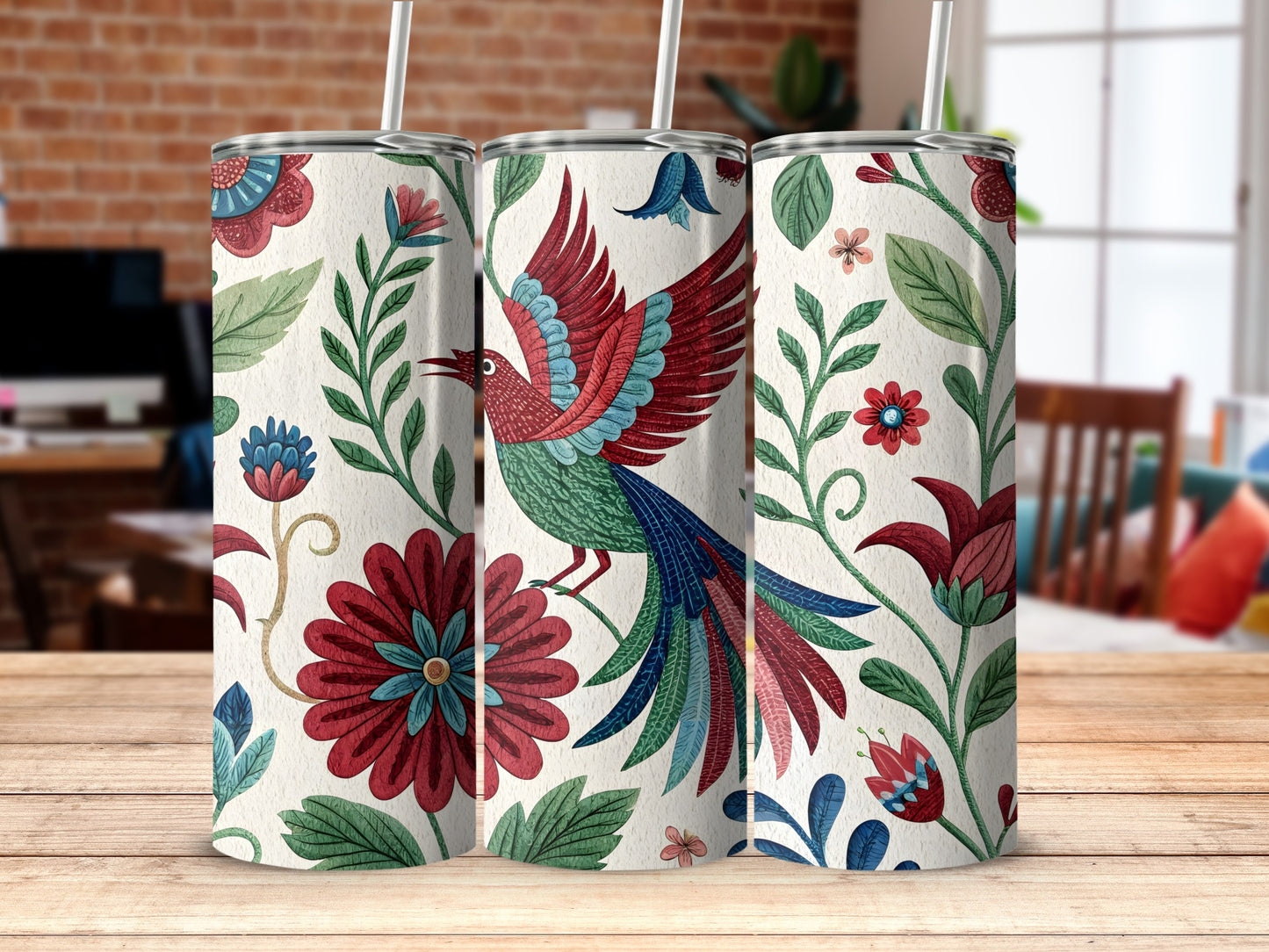 Colorful Floral and Bird Design Tumbler product