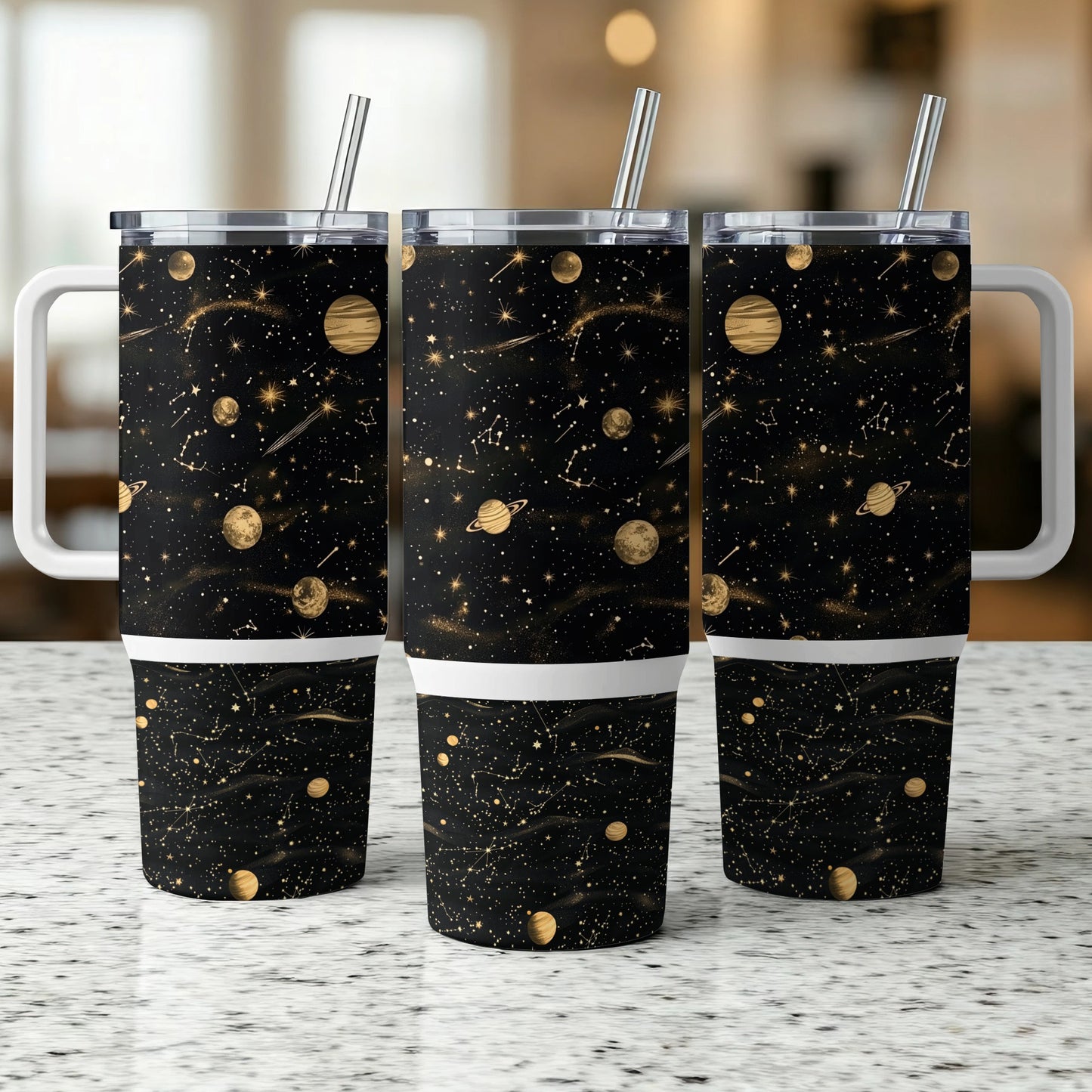 Galaxy Print Tumblers, Stainless Steel Insulated Cups with Straws, Space Themed Drinkware Set