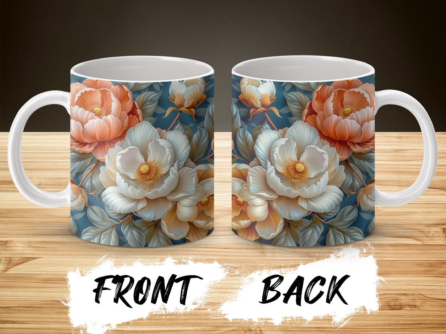 Floral Coffee Mug, Elegant Blue and Peach Flower Design, Ceramic Tea Cup, Gift Idea, Kitchen Decor, Front and Back Print