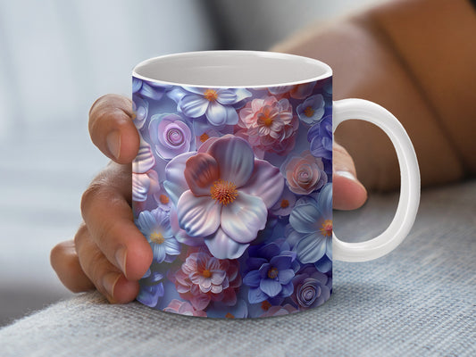 Floral Coffee Mug, Purple Blue Flower Print, Ceramic Tea Cup, Unique Gift Idea, Home Decor, Office Drinkware, Colorful Flower Pattern