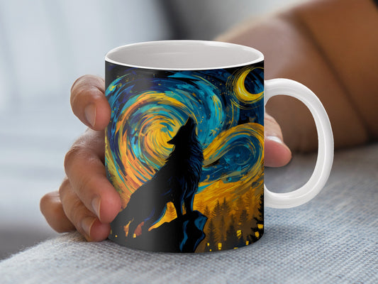 Starry Night Inspired Wolf Silhouette Ceramic Mug, Artistic Coffee Cup, Unique Gift Idea