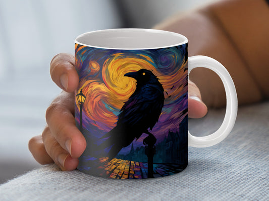 Raven Night Sky Coffee Mug, Van Gogh Starry Night Inspired, Artistic Ceramic Cup, Unique Gift Idea