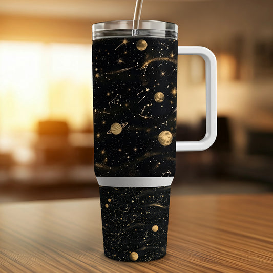 Galaxy Print Tumbler, Insulated Travel Mug, Stars and Planets Design, Space-Themed Drinkware with Lid and Straw