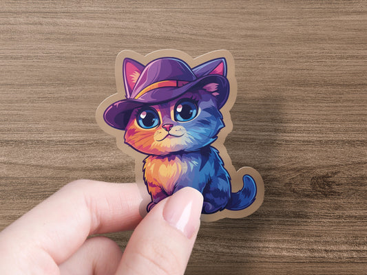 Cute Blue and Orange Kitten Wearing Hat Sticker product