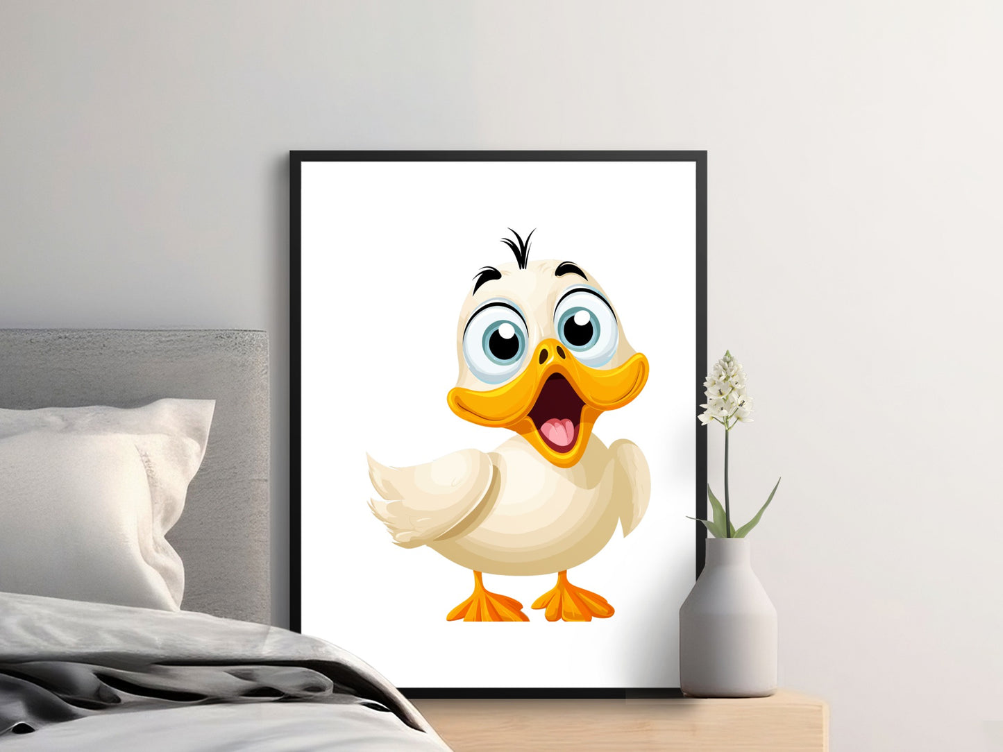 Cute Cartoon Duck Art Print, Vibrant Kids Room Wall Decor, Colorful Nursery Artwork, Framed Animal Illustration