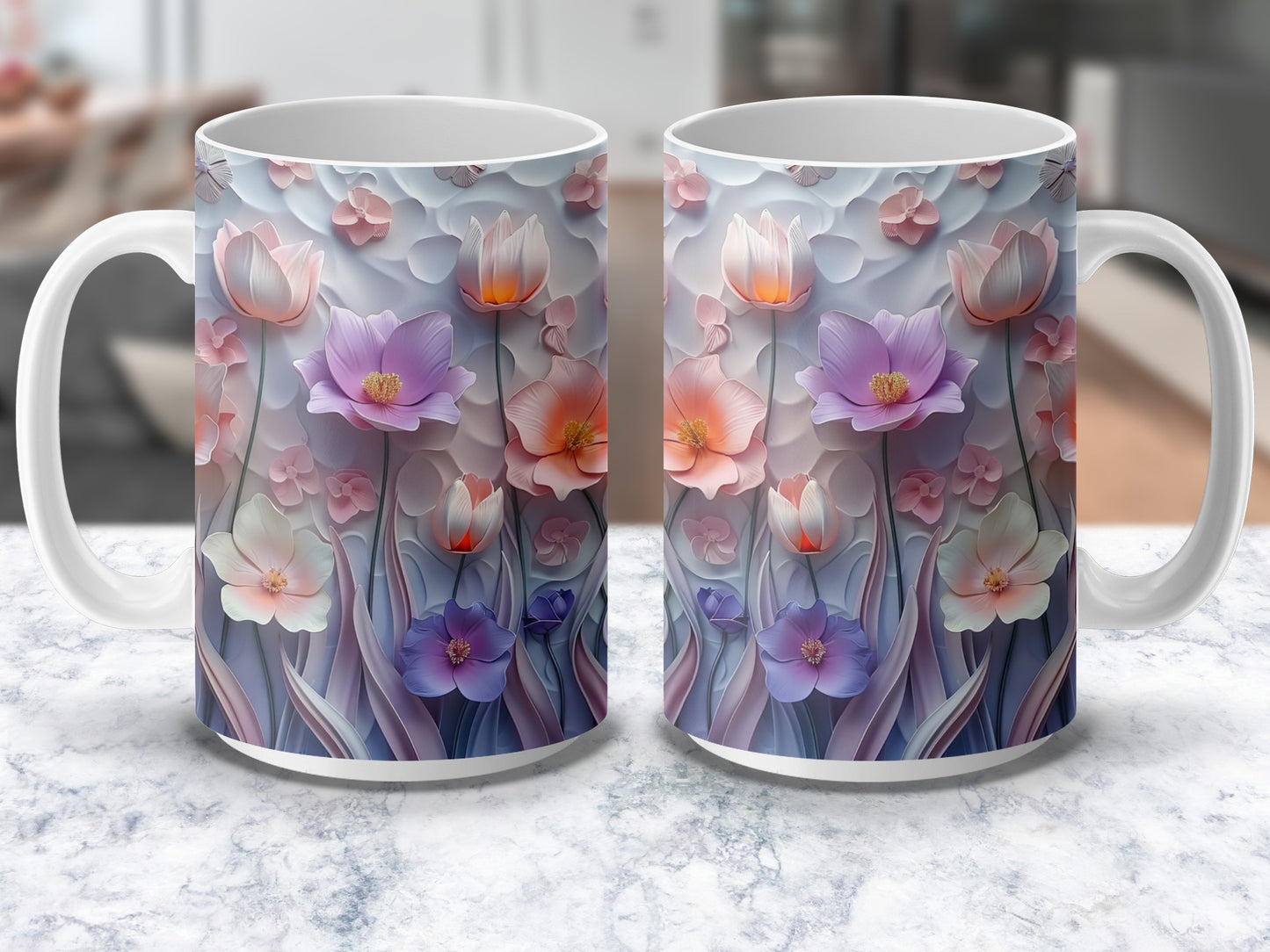 Floral Coffee Mug Set, Elegant Watercolor Flowers Design, Perfect Gift for Plant Lovers, Unique Home Decor