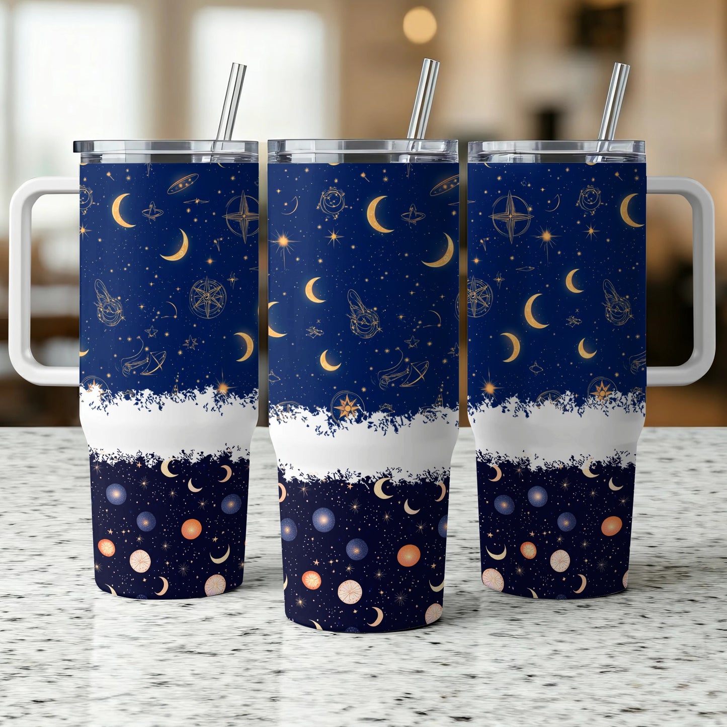 Celestial Tumbler Cups with Lids and Straws, Space Themed Insulated Drinkware, Moon and Stars Pattern, Reusable 20oz Travel Cups