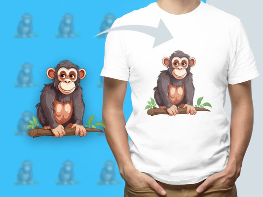 Cute Monkey Graphic T-Shirt, Funny Chimpanzee on Branch, Casual Summer Tee, Unisex White Top