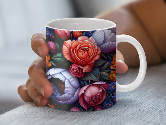 Floral Coffee Mug, Colorful Rose Print, Elegant Tea Cup, Gift for Gardener, Botanical Drinkware, Vibrant Home Decor