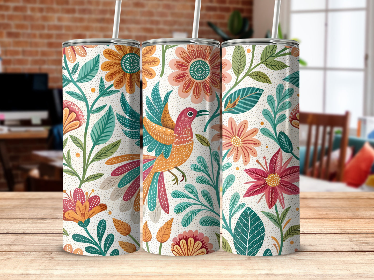 Colorful Floral and Bird Art Design Tumbler product type