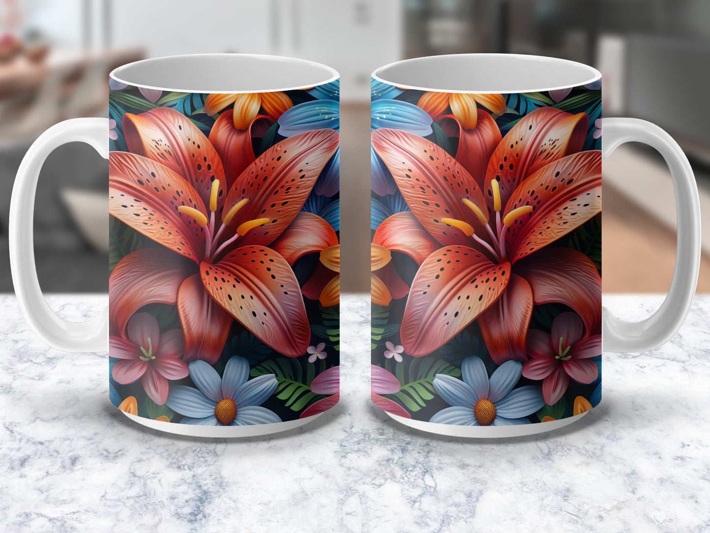 Vibrant Floral Print Coffee Mug, Red Lily and Colorful Flowers Design, Elegant Tea Cup Gift