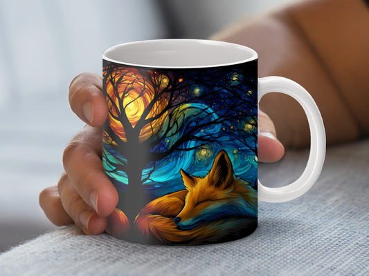 Enchanted Forest Fox Coffee Mug, Colorful Tree Art Cup, Unique Wildlife Drinkware, Gift Idea