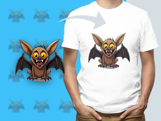 Cartoon Bat Graphic T-Shirt, Funny Cute Flying Bat Design, Unisex White Tee for All Ages