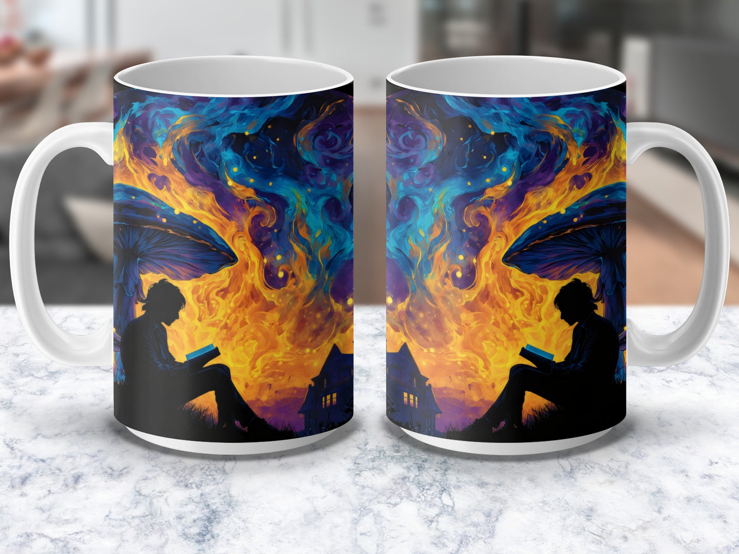 Colorful Phoenix and Silhouette Art Mug, Vibrant Fire and Fantasy Art Coffee Cup, Unique Gift Idea