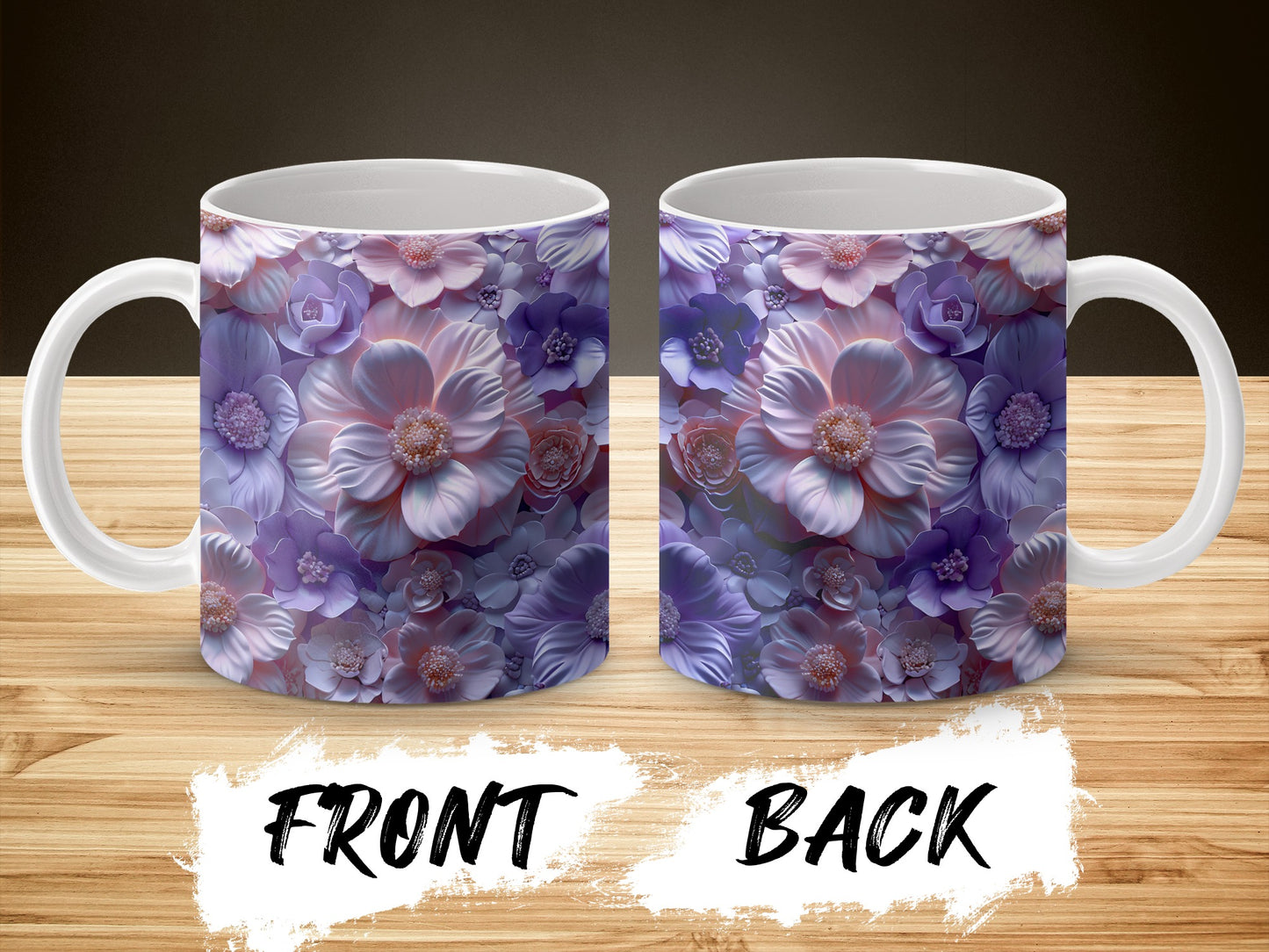 Floral Coffee Mug Purple Flowers Design Gift Idea Dual-Sided Elegant Ceramic Cup