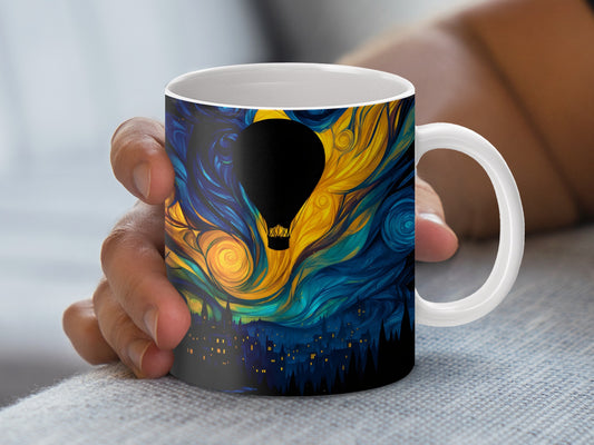 Colorful Van Gogh Style Starry Night Coffee Mug, Artistic Hot Air Balloon Ceramic Cup